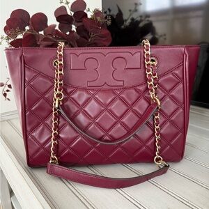 Tory Burch Outlet Bag Elegant Burgundy Quilted Chain Shoulder Bag
